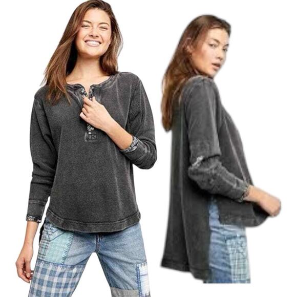 Pilcro Anthropologie Shirt Large Washed Black Split Hem Long Sleeve Tunic Comfy - Picture 2 of 16